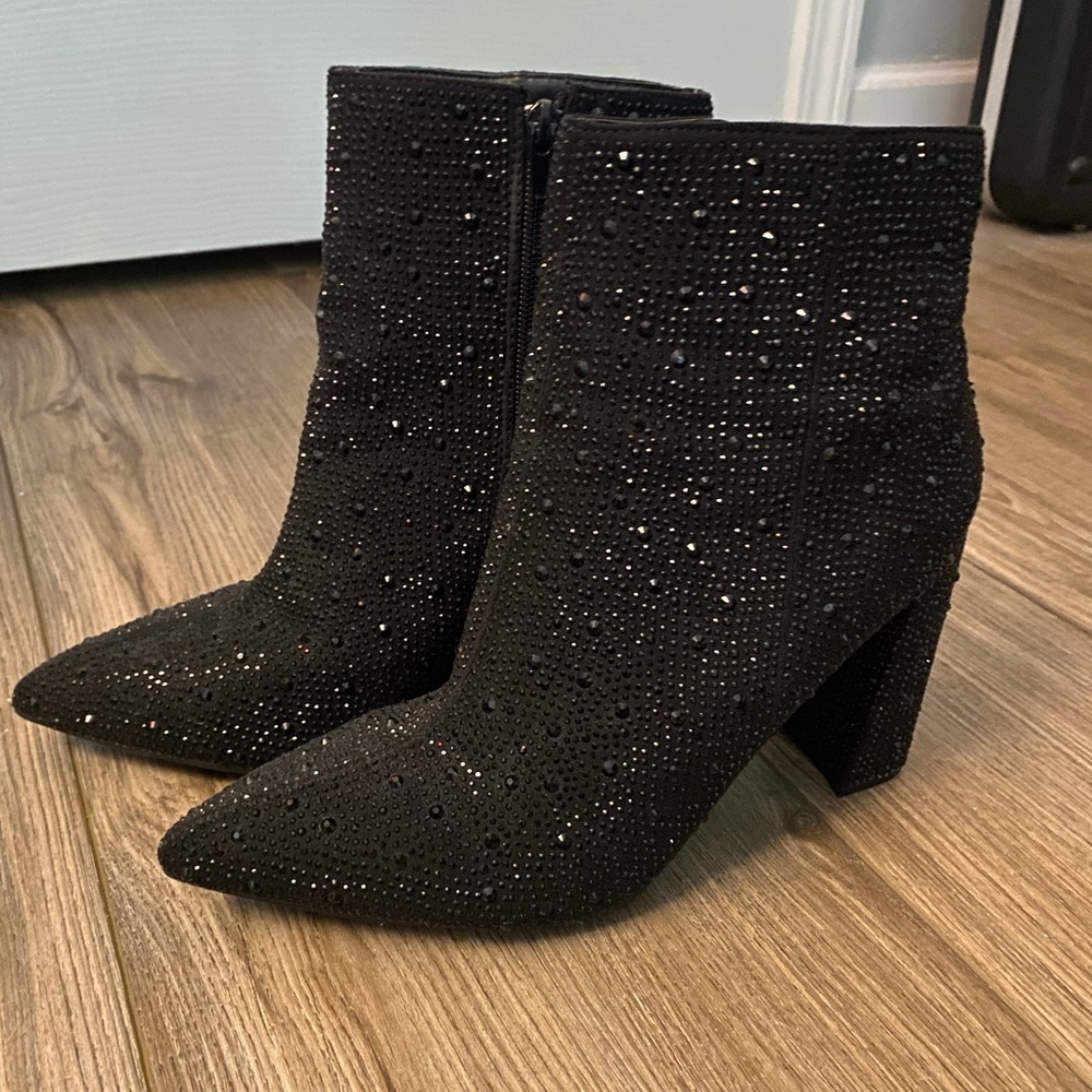 Black Rhinestone Ankle Length Boot Heels